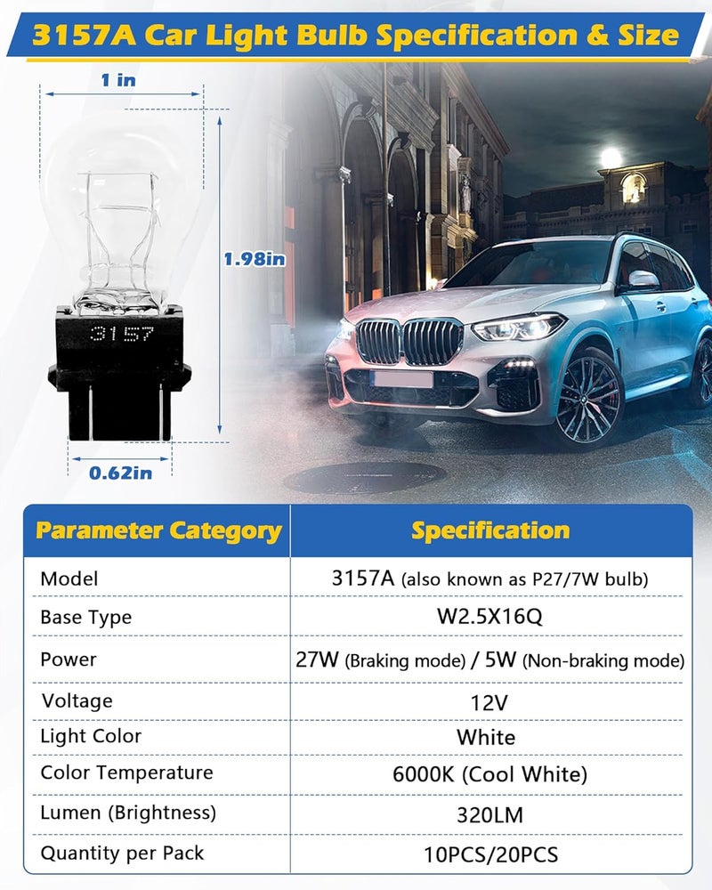 IWIWE 3157A (White) Auto Light Bulb 10 Pack – Compatible with 3047/3057/3157LL/3157K/3457/3757/4057/4157, for Cars/Trucks/SUVs (Brake/Tail/Side Marker/Turn Signal Lights) - Image 2